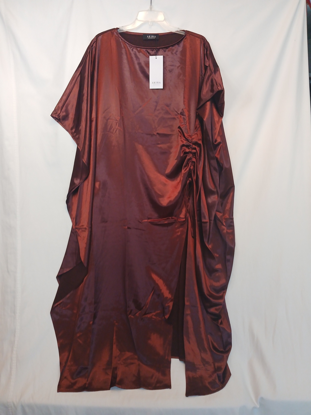 Burgundy Satin Short Sleeve Side Ruched Long Dramatic Maxi Blouse OS New!